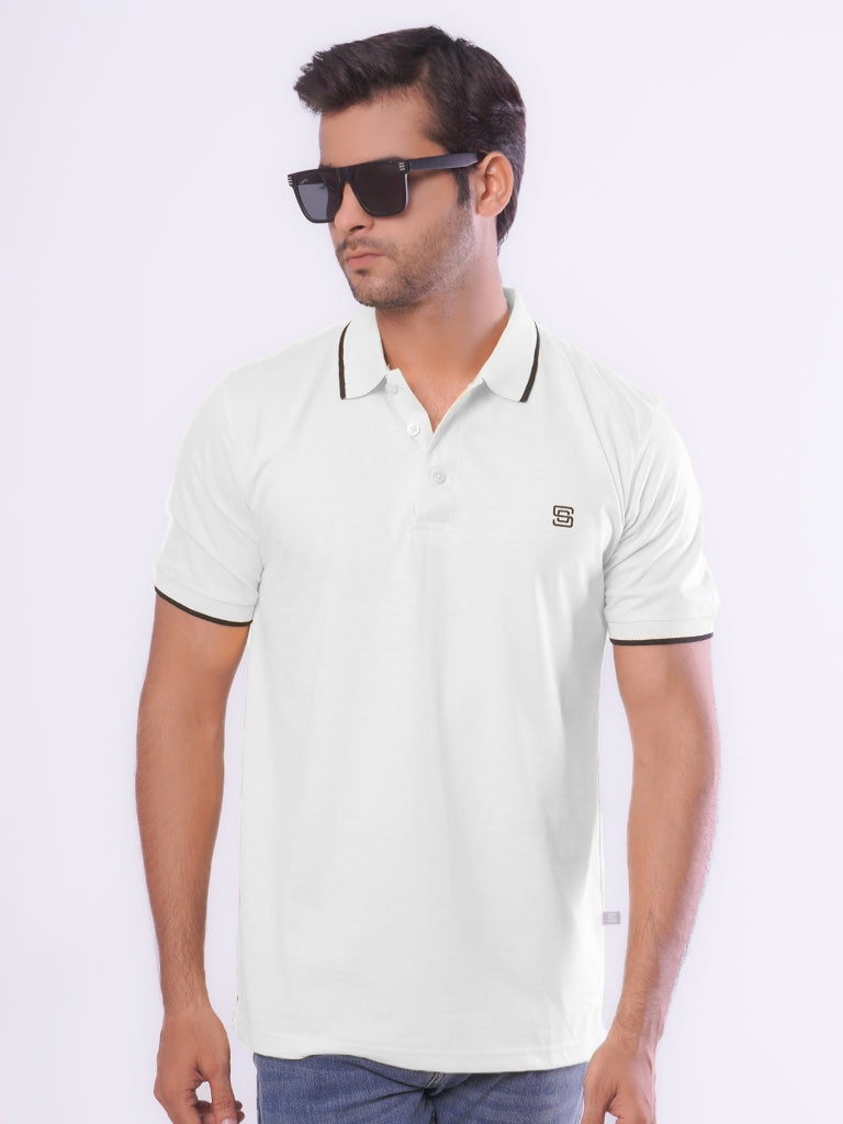 White Contrast Tipping Half Sleeves Cotton Jersey Polo T-Shirt (POLO-537)