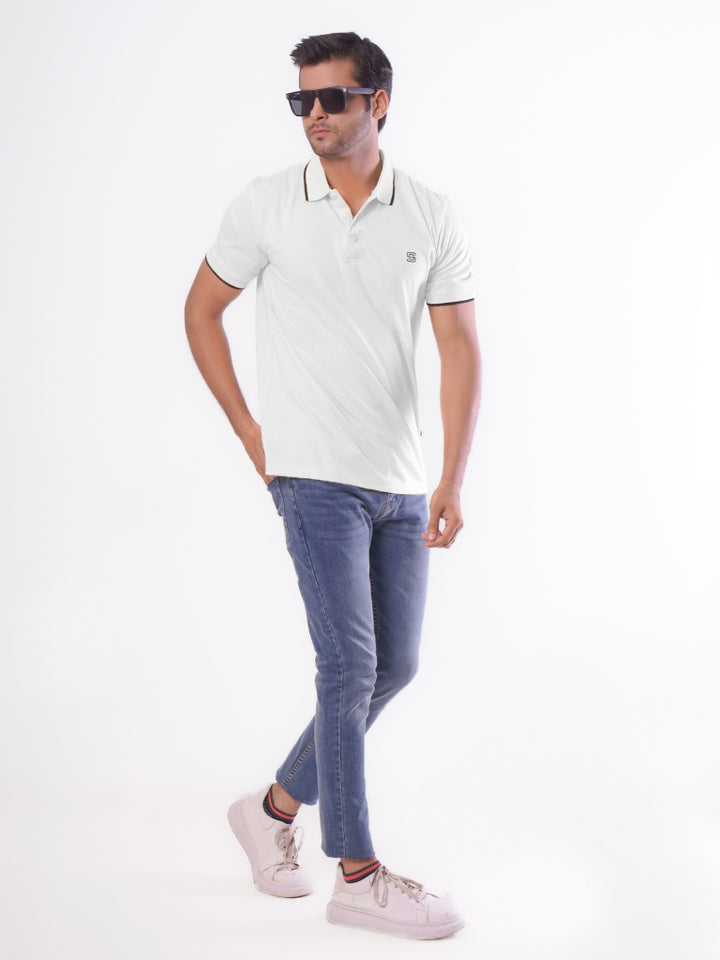 White Contrast Tipping Half Sleeves Cotton Jersey Polo T-Shirt (POLO-537)