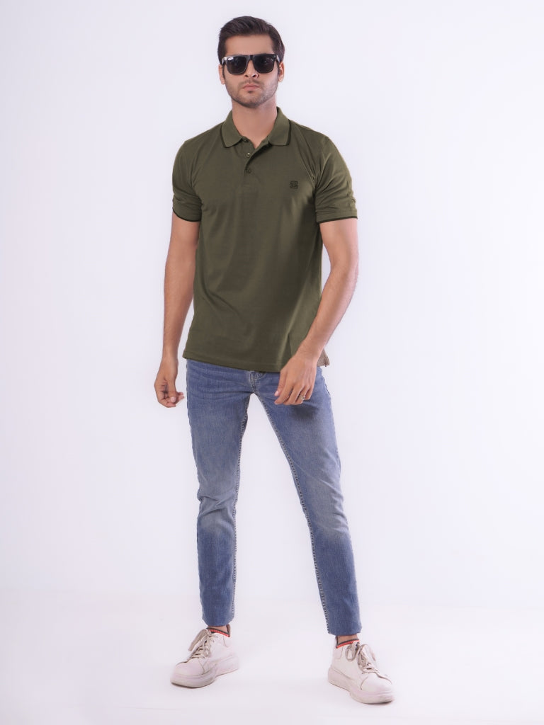 Olive Green Contrast Tipping Half Sleeves Cotton Jersey Polo T-Shirt (POLO-544)