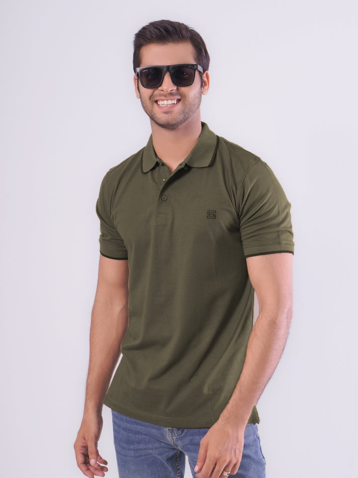 Olive Green Contrast Tipping Half Sleeves Cotton Jersey Polo T-Shirt (POLO-544)