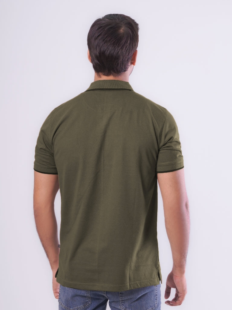 Olive Green Contrast Tipping Half Sleeves Cotton Jersey Polo T-Shirt (POLO-544)