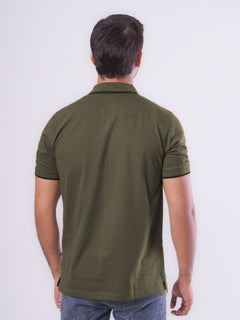 Olive Green Contrast Tipping Half Sleeves Cotton Jersey Polo T-Shirt (POLO-544)