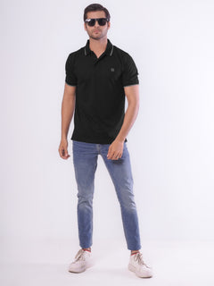 Black Contrast Tipping Half Sleeves Cotton Jersey Polo T-Shirt (POLO-545)