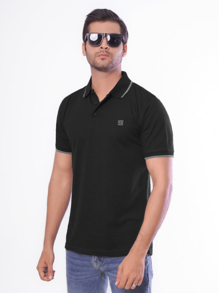 Black Contrast Tipping Half Sleeves Cotton Jersey Polo T-Shirt (POLO-545)