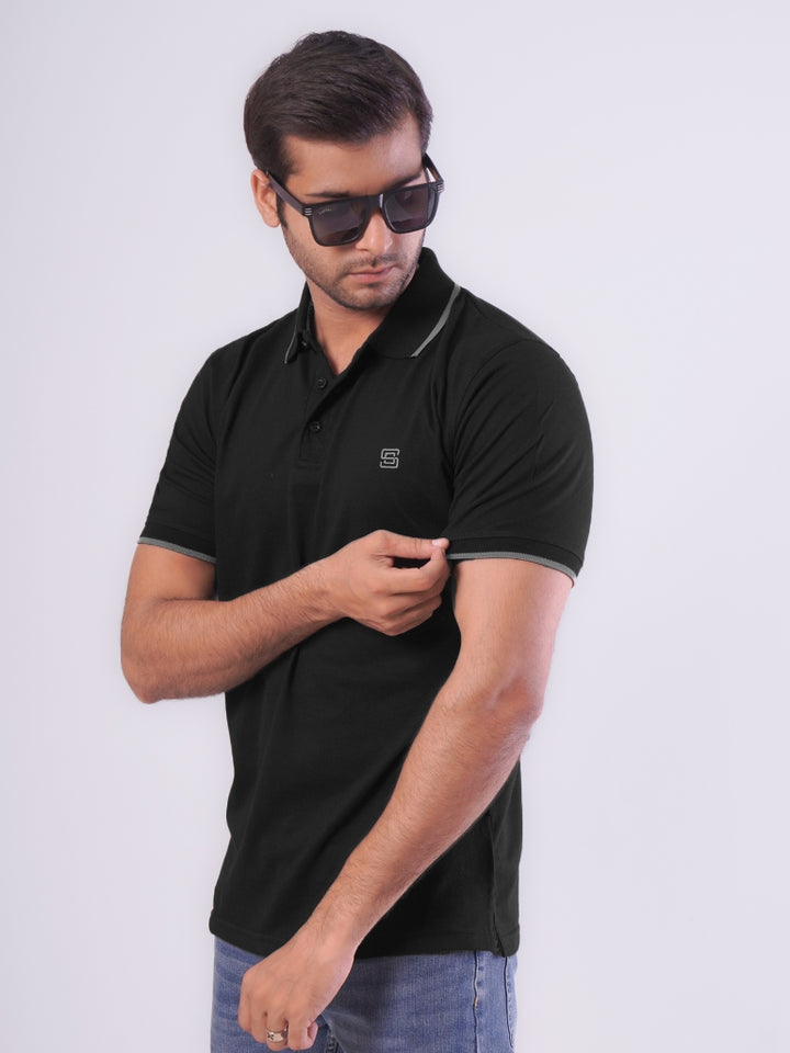 Black Contrast Tipping Half Sleeves Cotton Jersey Polo T-Shirt (POLO-545)