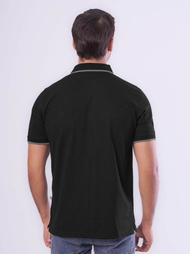 Black Contrast Tipping Half Sleeves Cotton Jersey Polo T-Shirt (POLO-545)