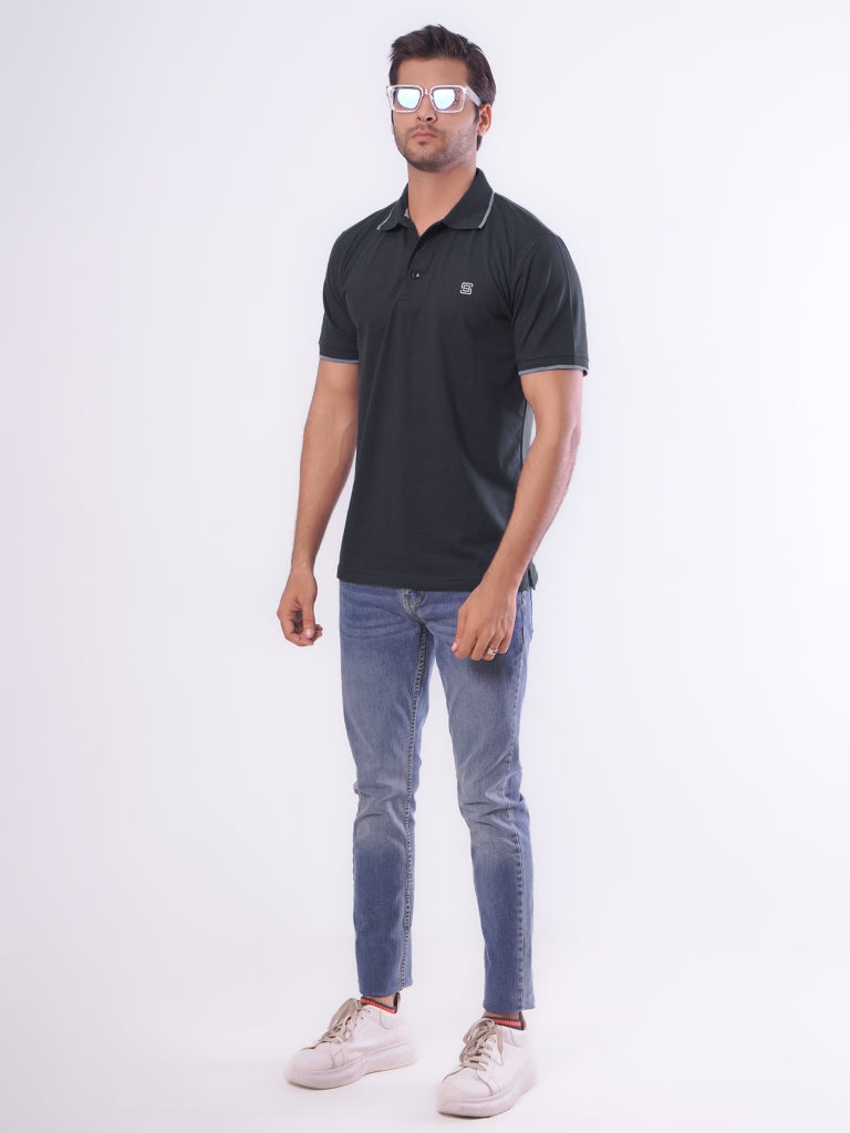 Dark Blue Contrast Tipping Half Sleeves Cotton Jersey Polo T-Shirt (POLO-546)