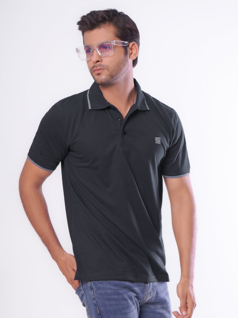 Dark Blue Contrast Tipping Half Sleeves Cotton Jersey Polo T-Shirt (POLO-546)