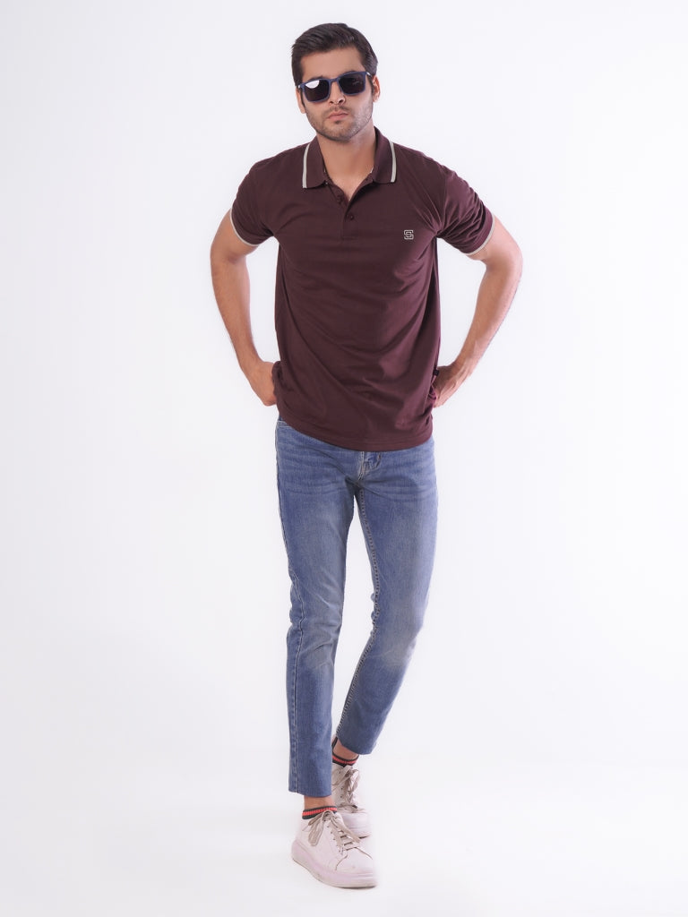 Maroon Contrast Tipping Half Sleeves Cotton Jersey Polo T-Shirt (POLO-547)