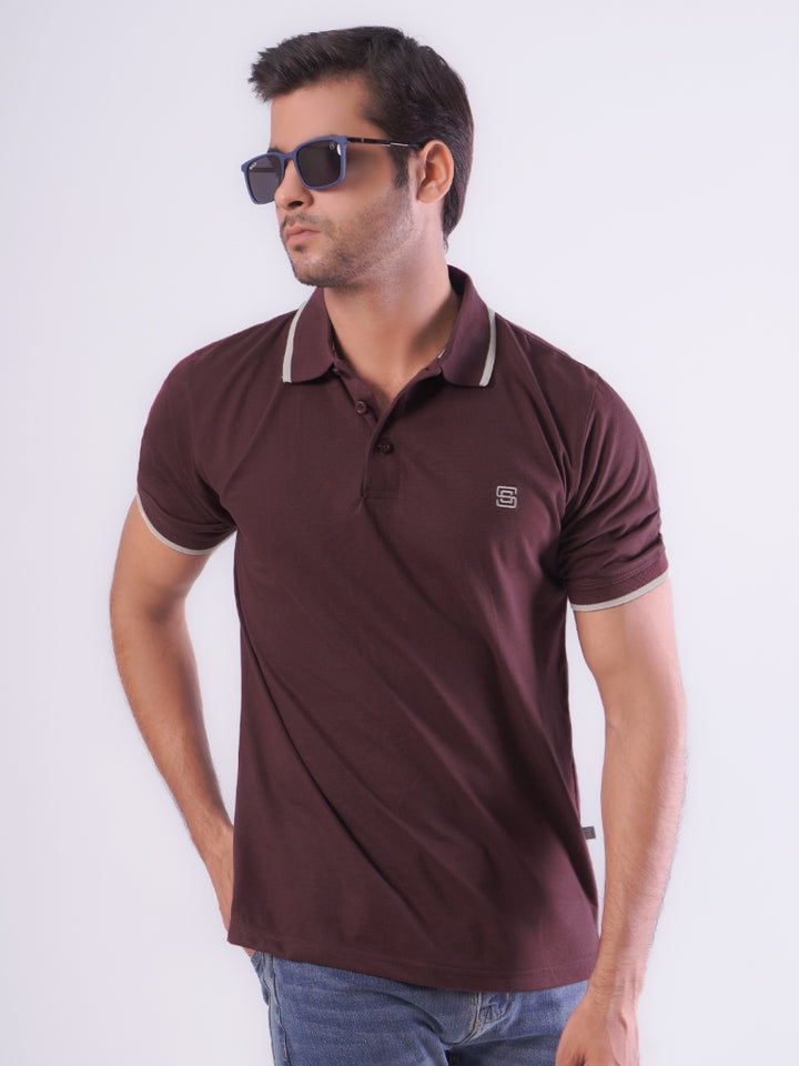 Maroon Contrast Tipping Half Sleeves Cotton Jersey Polo T-Shirt (POLO-547)