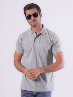 Light Grey Self Contrast Tipping Half Sleeves Cotton Jersey Polo T-Shirt (POLO-548)