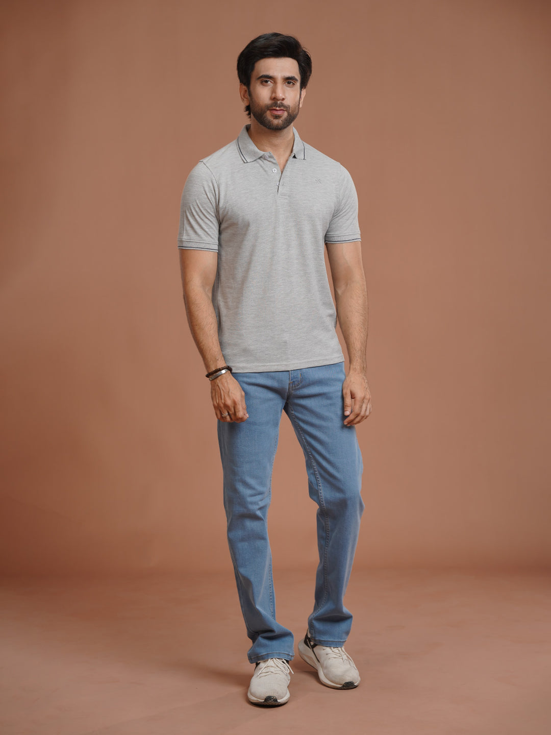 Heather Grey Plain Contrast Tipping Half Sleeves Polo T-Shirt (POLO-1002)