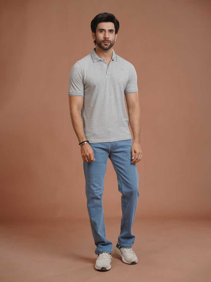 Heather Grey Plain Contrast Tipping Half Sleeves Polo T-Shirt (POLO-1002)