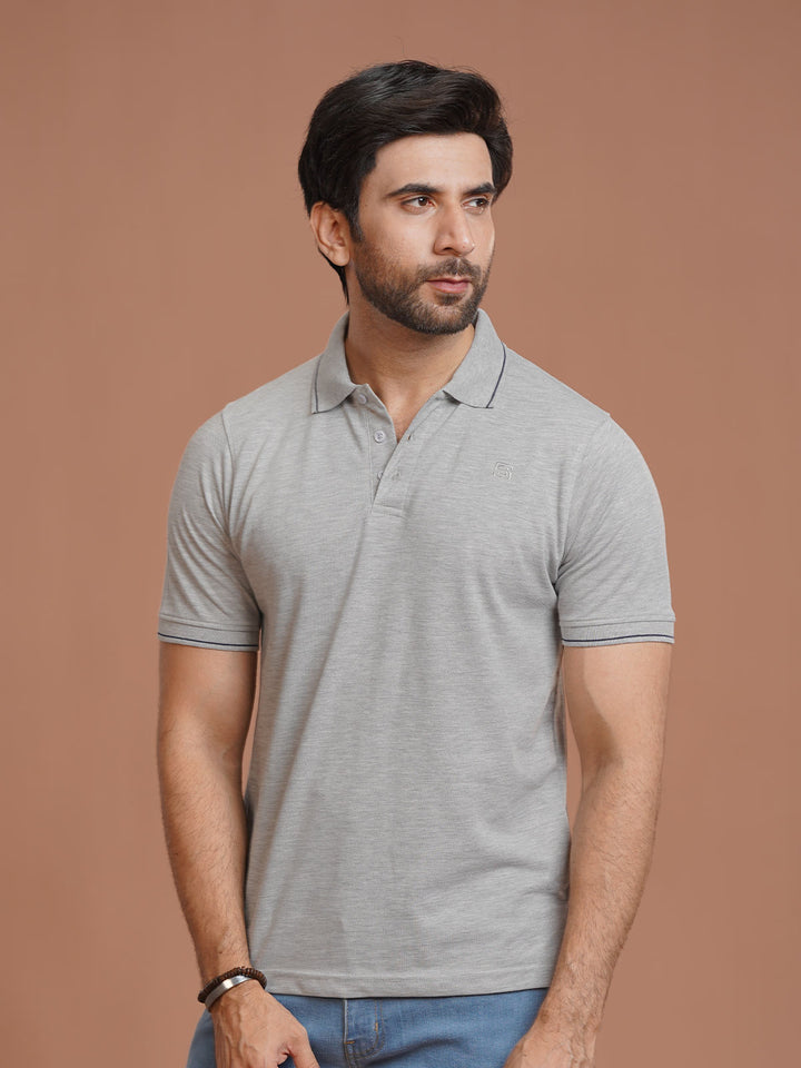 Heather Grey Plain Contrast Tipping Half Sleeves Polo T-Shirt (POLO-1002)