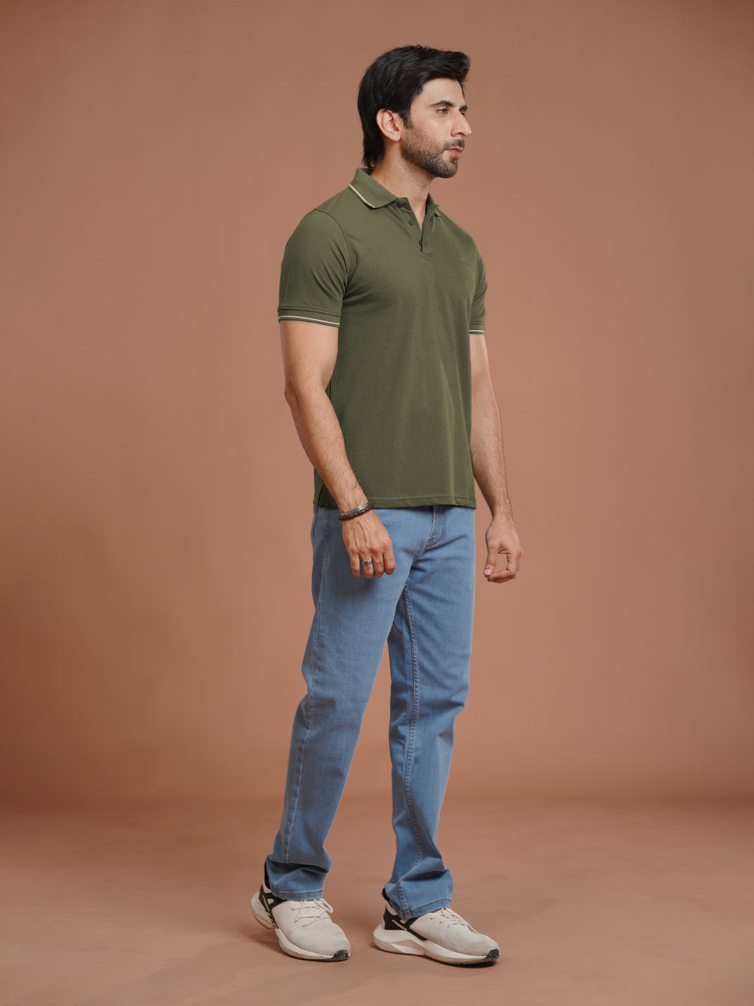 Olive Plain Contrast Tipping Half Sleeves Polo T-Shirt (POLO-1005)