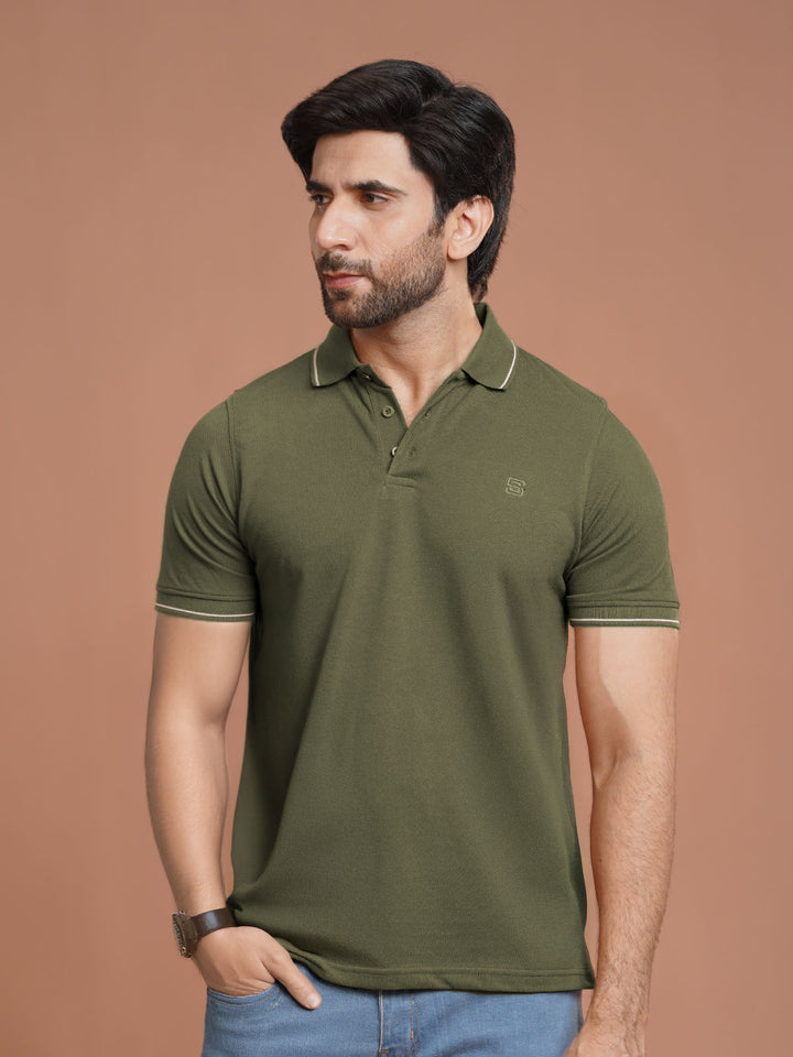 Olive Plain Contrast Tipping Half Sleeves Polo T-Shirt (POLO-1005)