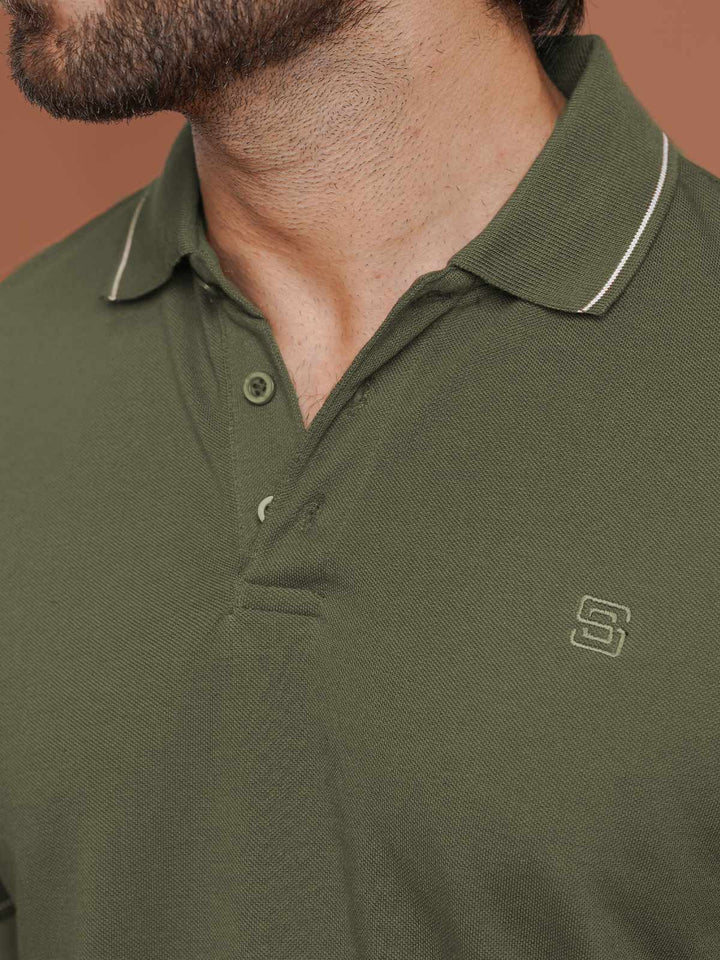 Olive Plain Contrast Tipping Half Sleeves Polo T-Shirt (POLO-1005)