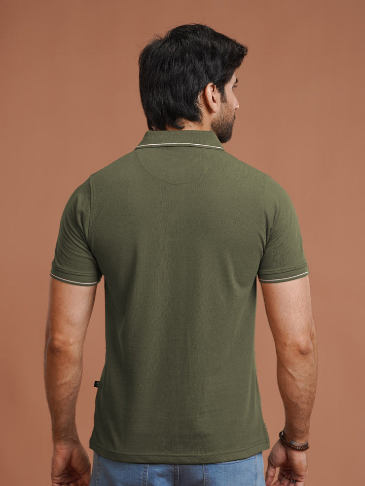 Olive Plain Contrast Tipping Half Sleeves Polo T-Shirt (POLO-1005)