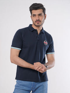 Navy Blue Plain Twin Contrast Lycra Elastane Half Sleeves Polo T-Shirt (POLO-448)