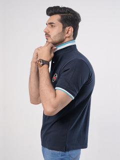 Navy Blue Plain Twin Contrast Lycra Elastane Half Sleeves Polo T-Shirt (POLO-448)