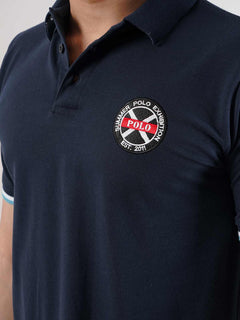 Navy Blue Plain Twin Contrast Lycra Elastane Half Sleeves Polo T-Shirt (POLO-448)