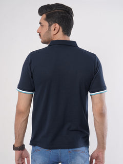 Navy Blue Plain Twin Contrast Lycra Elastane Half Sleeves Polo T-Shirt (POLO-448)