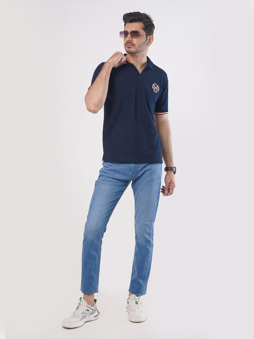 Navy Blue Plain Twin Contrast Lycra Elastane Half Sleeves Polo T-Shirt (POLO-443)