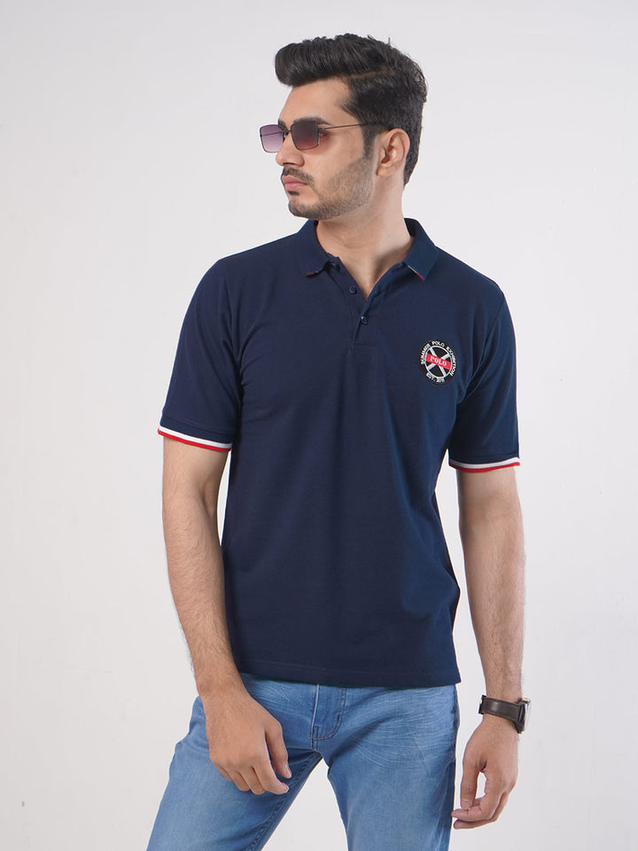 Navy Blue Plain Twin Contrast Lycra Elastane Half Sleeves Polo T-Shirt (POLO-443)