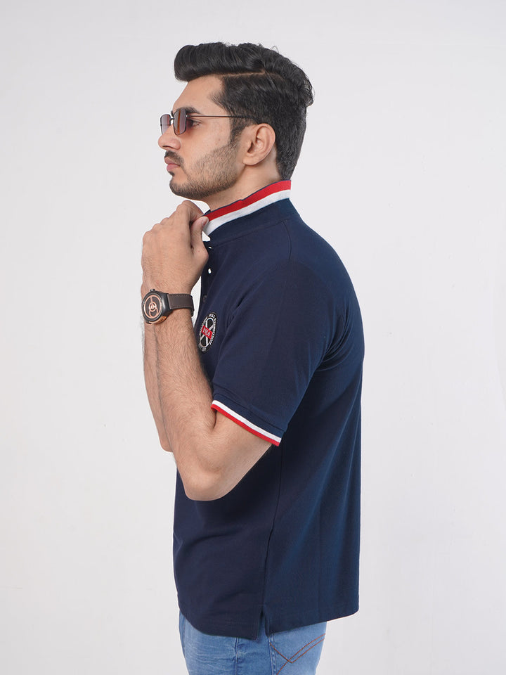 Navy Blue Plain Twin Contrast Lycra Elastane Half Sleeves Polo T-Shirt (POLO-443)