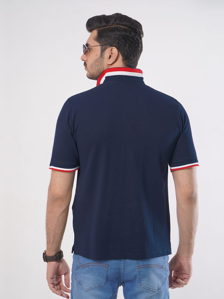 Navy Blue Plain Twin Contrast Lycra Elastane Half Sleeves Polo T-Shirt (POLO-443)