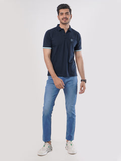 Dark Blue Plain Twin Contrast Lycra Elastane Half Sleeves Polo T-Shirt (POLO-462)