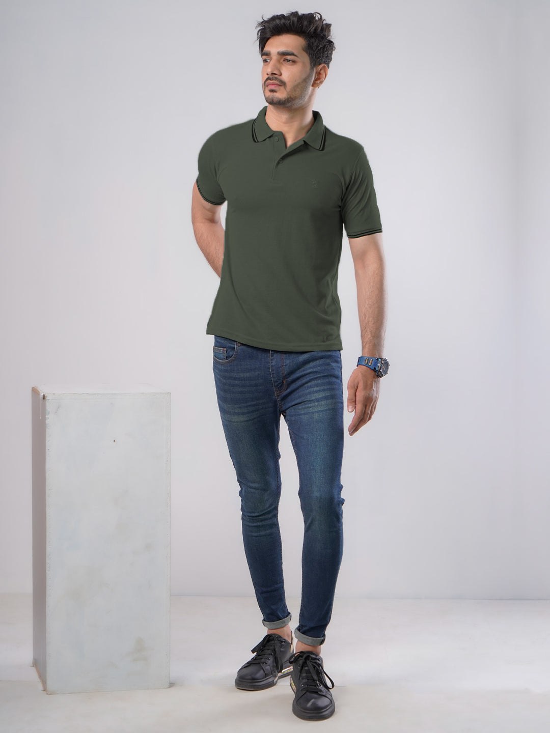 Dark Green Plain Contrast Tipping Half Sleeves Polo T-Shirt (POLO-524)