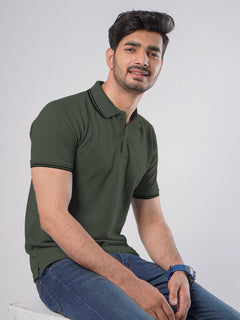 Dark Green Plain Contrast Tipping Half Sleeves Polo T-Shirt (POLO-524)