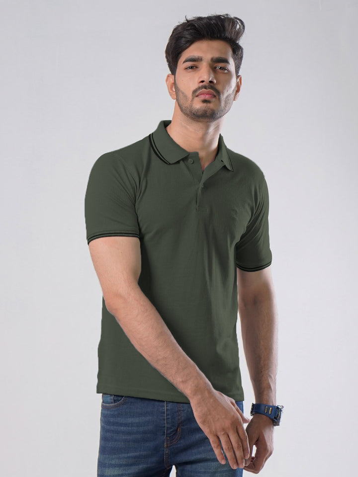 Dark Green Plain Contrast Tipping Half Sleeves Polo T-Shirt (POLO-524)