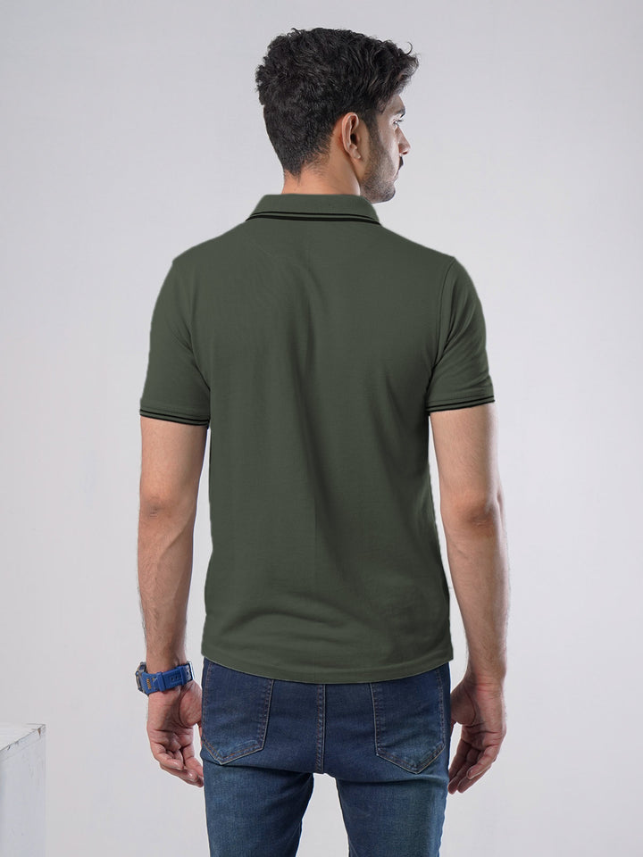 Dark Green Plain Contrast Tipping Half Sleeves Polo T-Shirt (POLO-524)