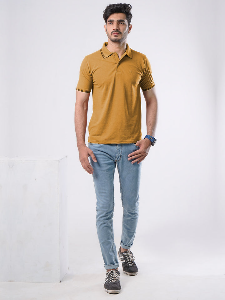 Mustard Plain Contrast Tipping Half Sleeves Polo T-Shirt (POLO-525)