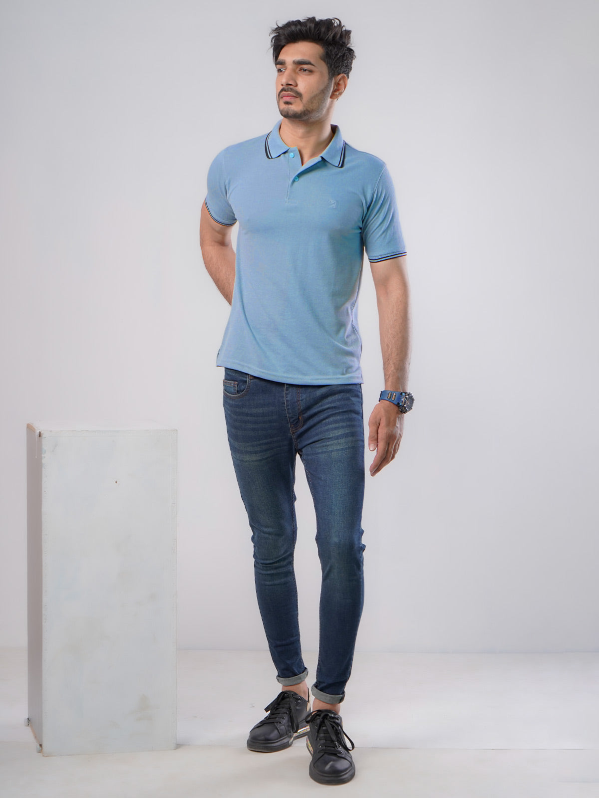 Light Blue Plain Contrast Tipping Half Sleeves Polo T-Shirt (POLO-527)