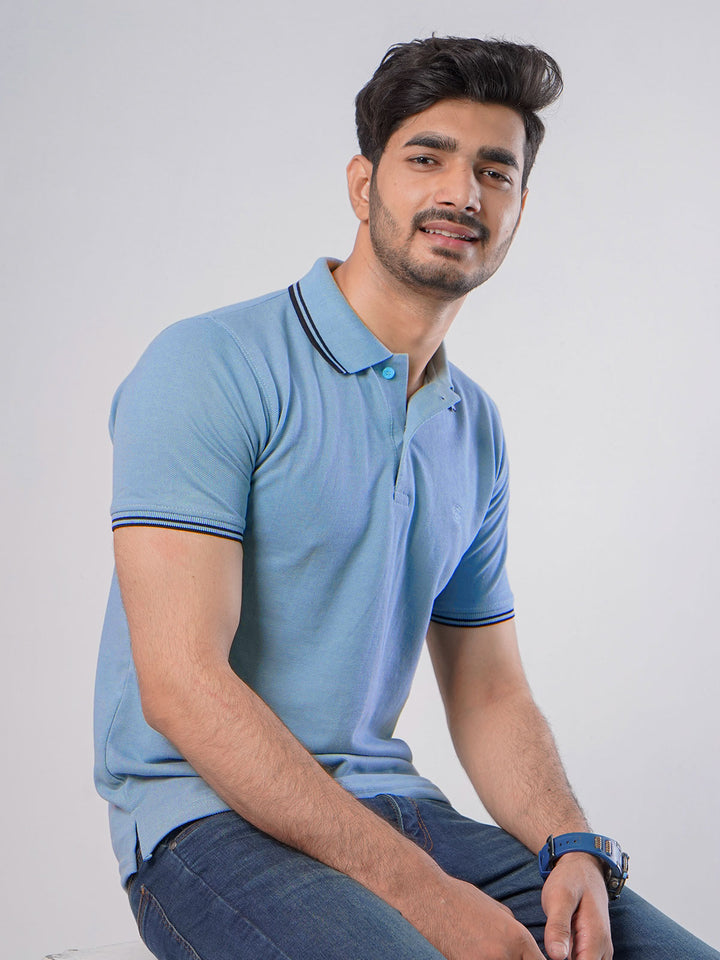 Light Blue Plain Contrast Tipping Half Sleeves Polo T-Shirt (POLO-527)