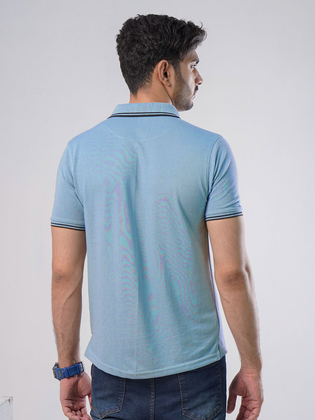 Light Blue Plain Contrast Tipping Half Sleeves Polo T-Shirt (POLO-527)