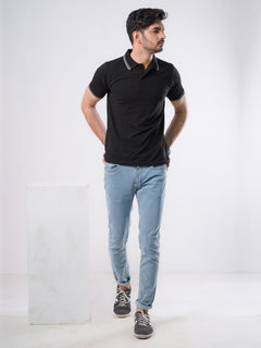 Black Plain Contrast Tipping Half Sleeves Polo T-Shirt (POLO-528)