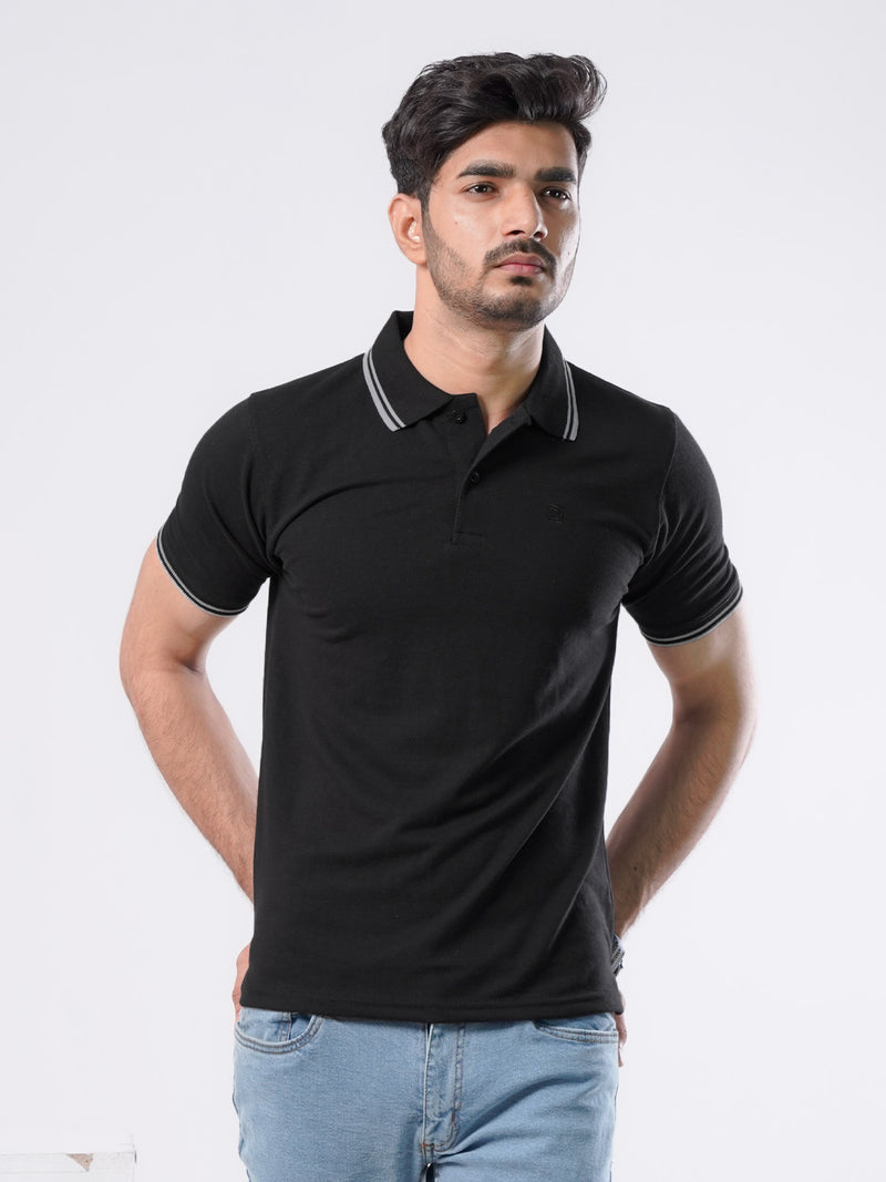 Black Plain Contrast Tipping Half Sleeves Polo T-Shirt (POLO-528)