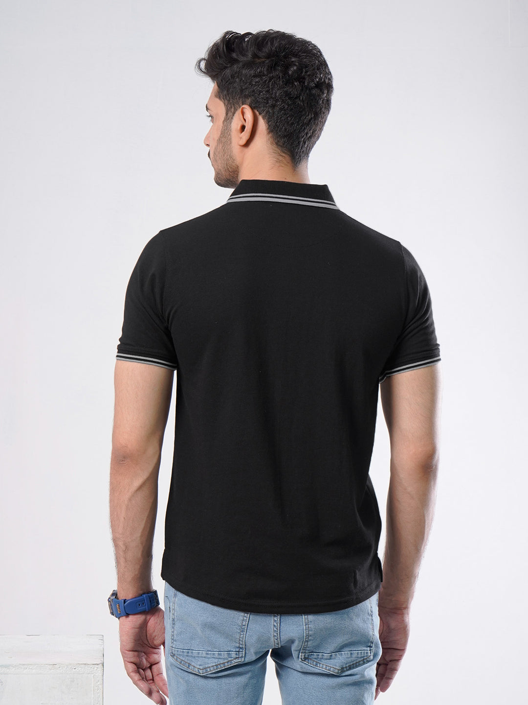 Black Plain Contrast Tipping Half Sleeves Polo T-Shirt (POLO-528)