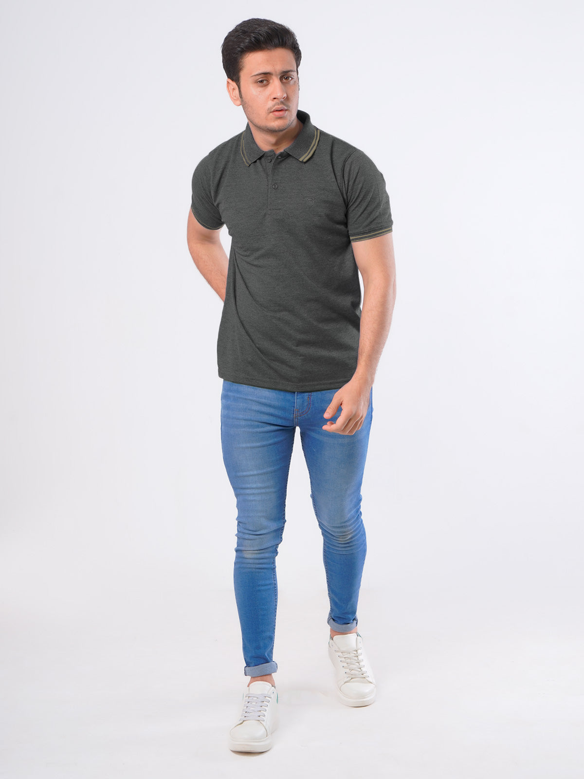 Charcoal Grey Plain Contrast Tipping Half Sleeves Polo T-Shirt (POLO-529)