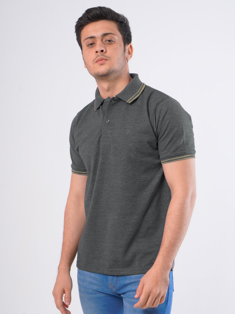 Charcoal Grey Plain Contrast Tipping Half Sleeves Polo T-Shirt (POLO-529)