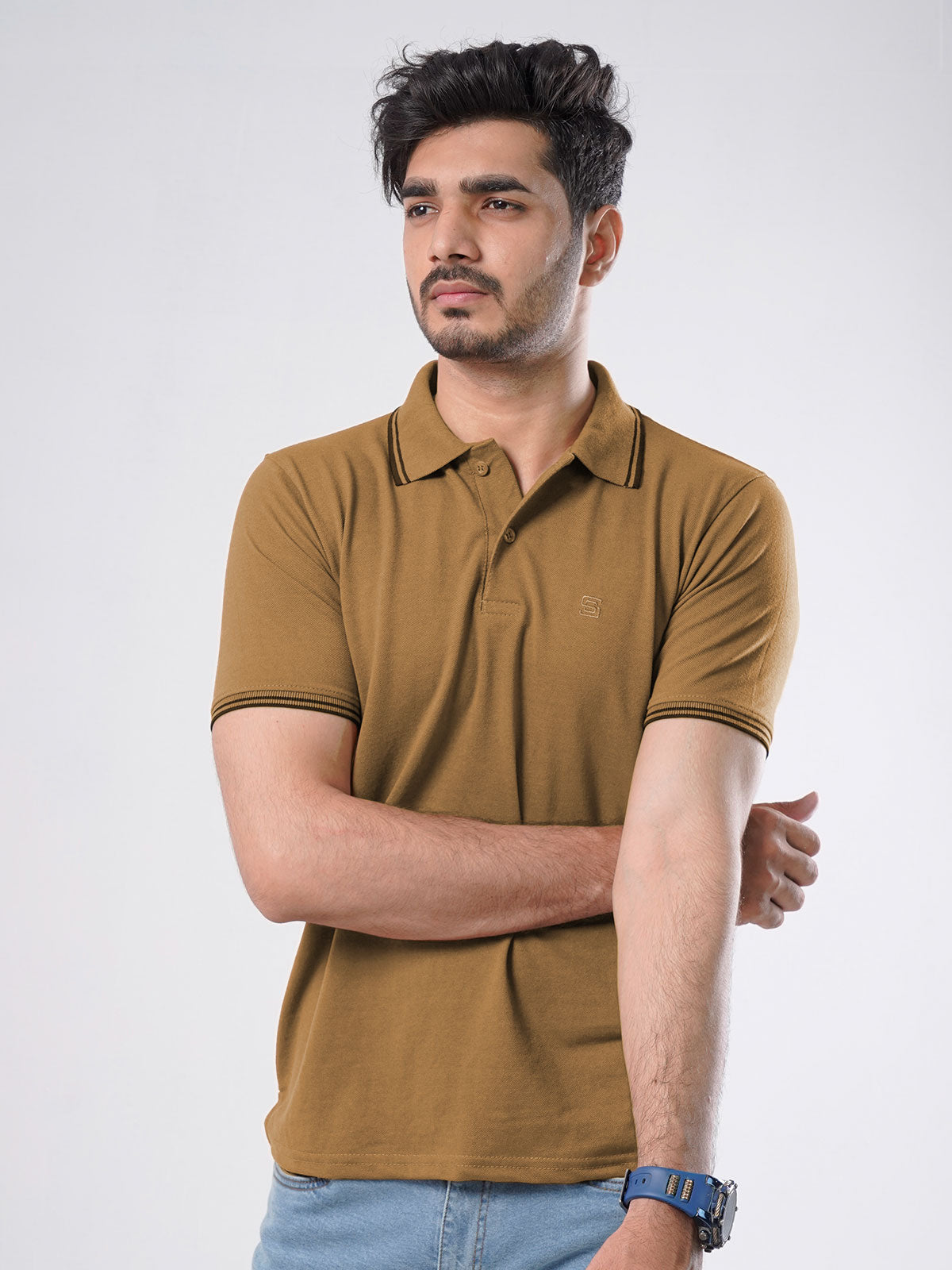 Brown Plain Contrast Tipping Half Sleeves Polo T-Shirt (POLO-531)