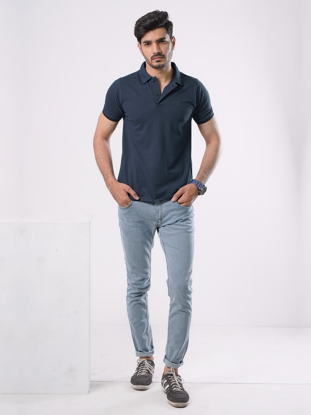 Dark Turquoise Plain Contrast Tipping Half Sleeves Polo T-Shirt (POLO-533)