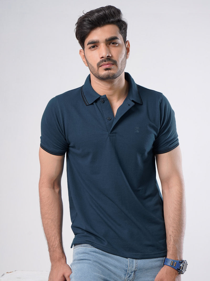 Dark Turquoise Plain Contrast Tipping Half Sleeves Polo T-Shirt (POLO-533)