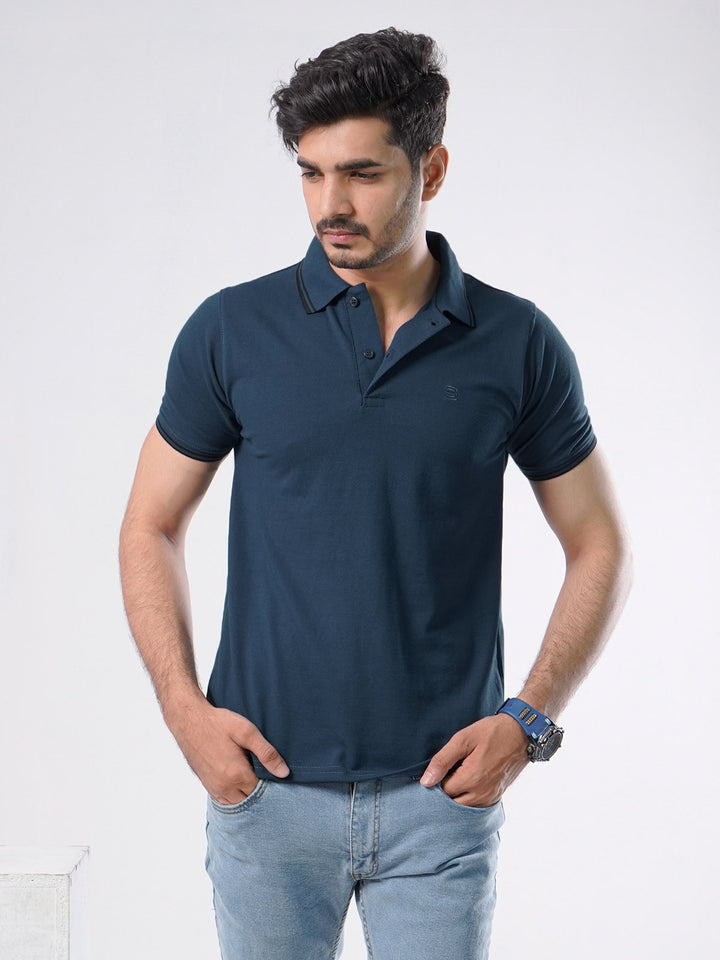 Dark Turquoise Plain Contrast Tipping Half Sleeves Polo T-Shirt (POLO-533)