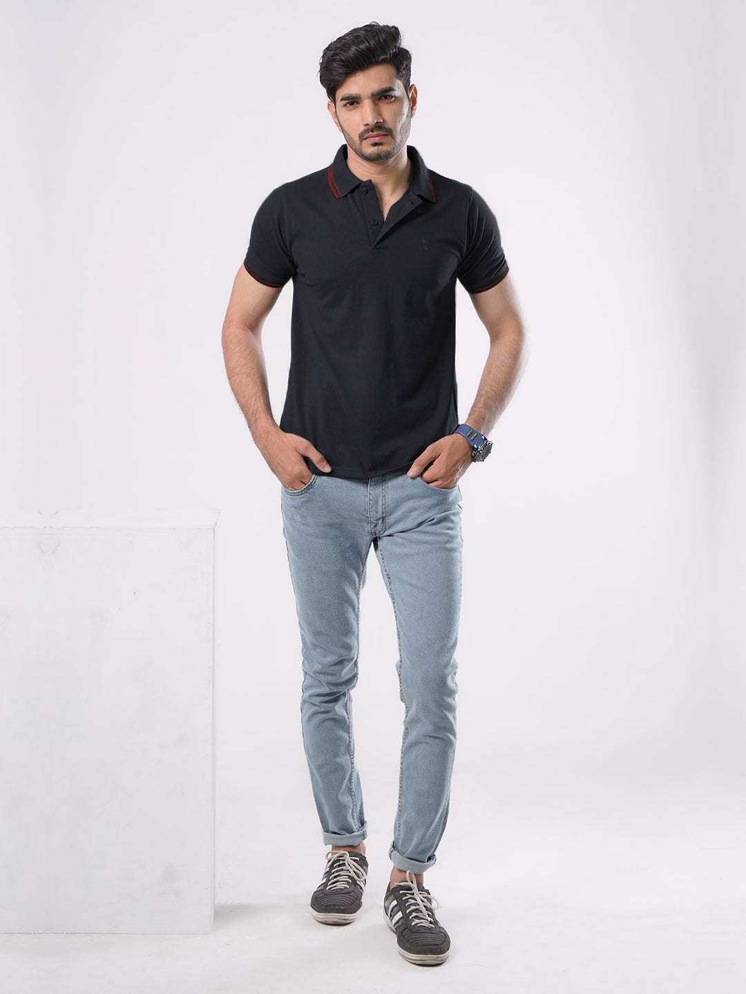 Navy Blue Plain Contrast Tipping Half Sleeves Polo T-Shirt (POLO-534)