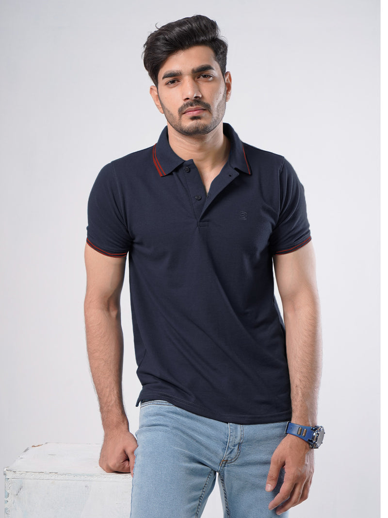 Navy Blue Plain Contrast Tipping Half Sleeves Polo T-Shirt (POLO-534)